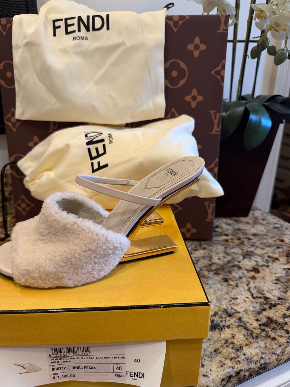 Fendi Cream Shearling Mules with Gold Sculpted Heel